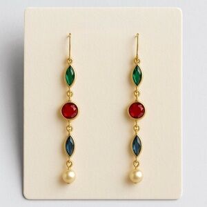 1970s Vintage Austrian Crystal Gold Plated Drop Earrings Multicolor Dangle Pearl